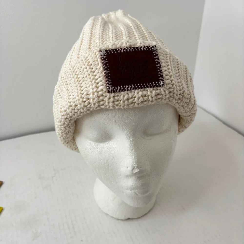 Love Your Melon Beanie Knit Hat Ivory Large Leather Logo NWOT